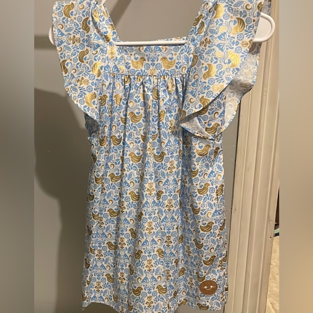 Smiling button Floral Blue and gold ruffle Dress